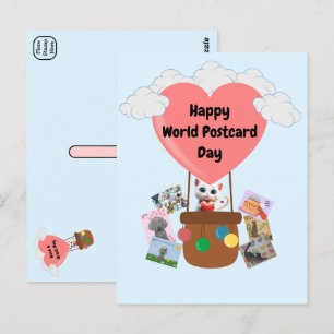 Happy World Postcard Day Cat in Balloon Postcard