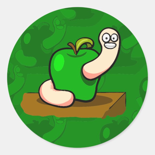 Happy Worm in Green Apple Classic Round Sticker (Front)
