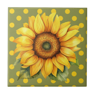 Happy Yellow and Green Sunflower on Polka-Dot Ceramic Tile