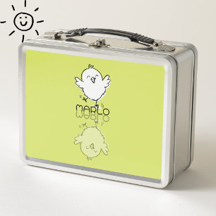 Happy Yellow Chick Reflection Doodle Custom Name Metal Lunch Box