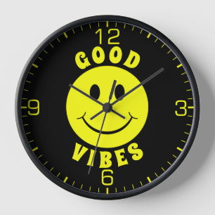 Happy Yellow Face Good Vibes Black Clock