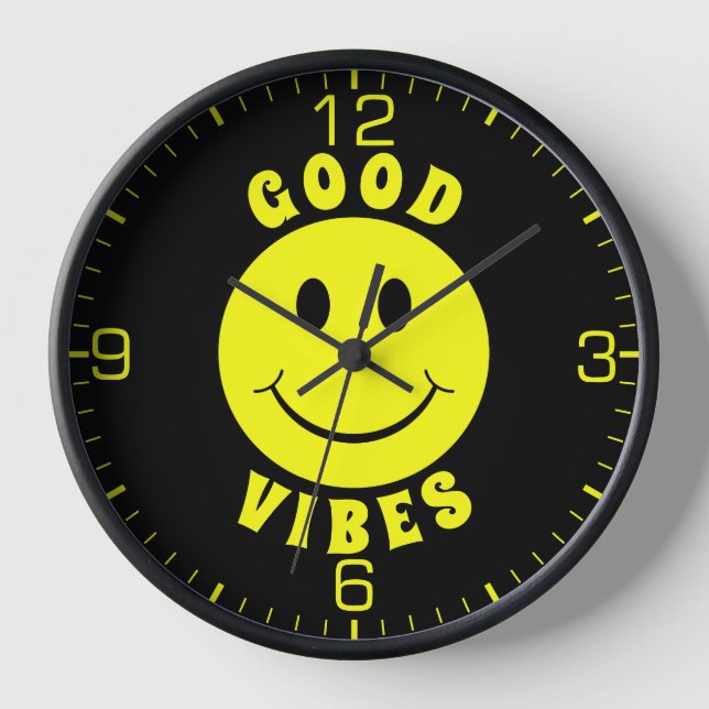 Happy Yellow Face Good Vibes Black Clock (Front)