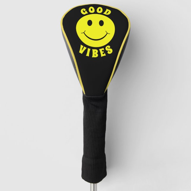 Happy Yellow Face Good Vibes Black Golf Head Cover (Front)