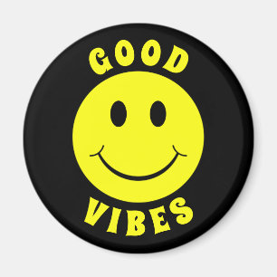 Happy Yellow Face Good Vibes Black Magnet
