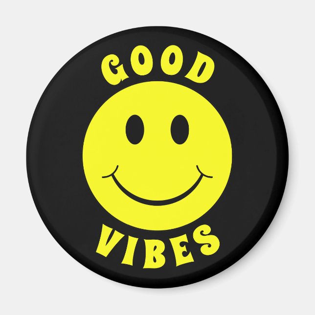 Happy Yellow Face Good Vibes Black Magnet (Front)
