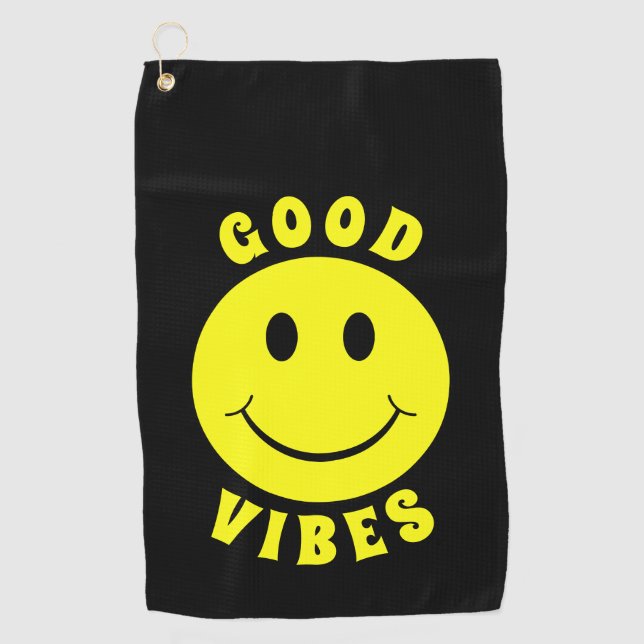 Happy Yellow Face Good Vibes Golf Towel (Front)