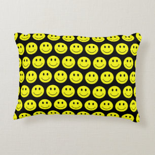 Happy Yellow Faces Pattern Black Decorative Cushion