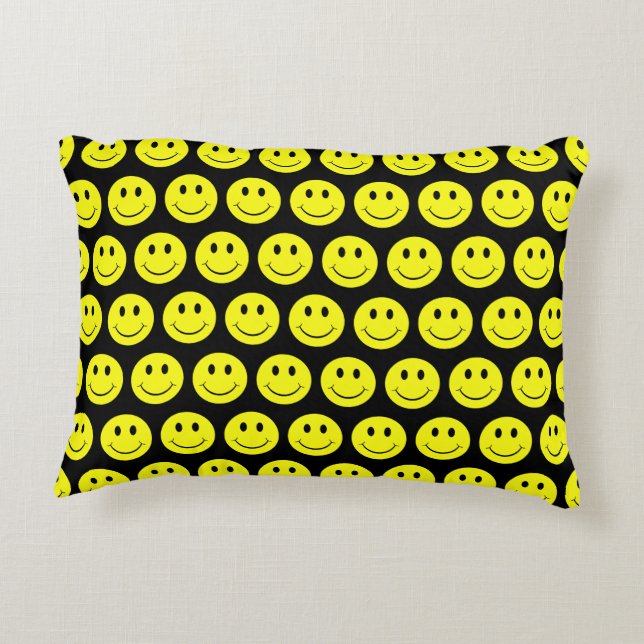 Happy Yellow Faces Pattern Black Decorative Cushion (Back)