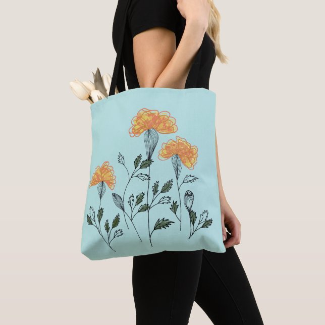 Happy Yellow Flowers on Aqua Tote Bag (Close Up)