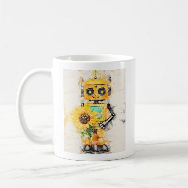 Happy Yellow Robot with Sunflower Coffee Mug (Left)
