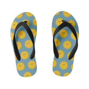 Happy Yellow Sun Pattern on Blue Kid's Thongs