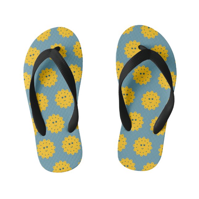 Happy Yellow Sun Pattern on Blue Kid's Thongs (Footbed)