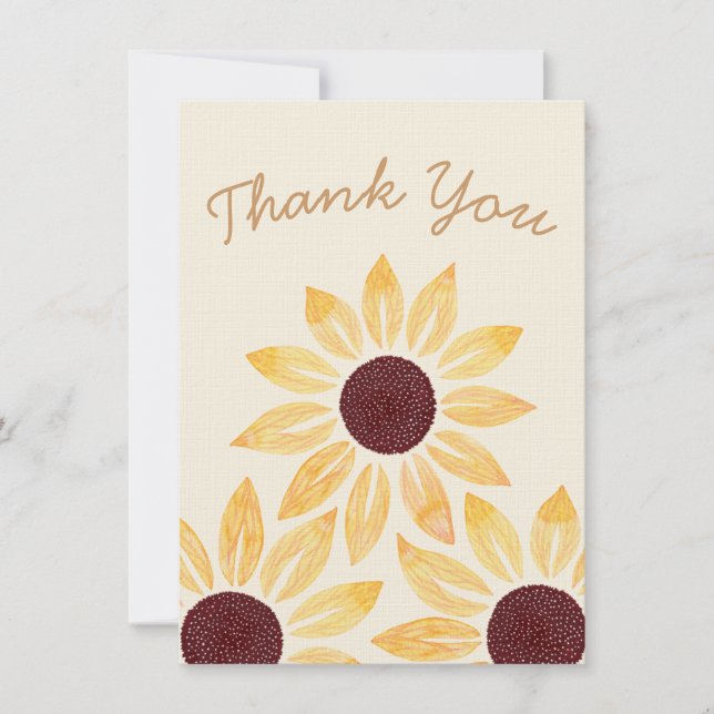 Happy Yellow Watercolor Sunflowers Thank You Card (Front)