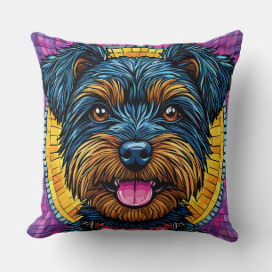 Happy Yorkshire Terrier Dog in Mosaic Style Cushion