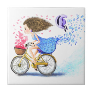 Happy Young Girl On A Bike - Romantic Love Hearts  Ceramic Tile
