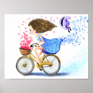 Happy Young Girl On A Bike - Romantic Love Hearts  Poster