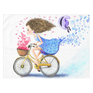 Happy Young Girl On A Bike - Romantic Love Hearts Tablecloth