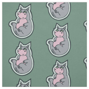 Happy Young Grey Hippo Teal Drawing Design Fabric