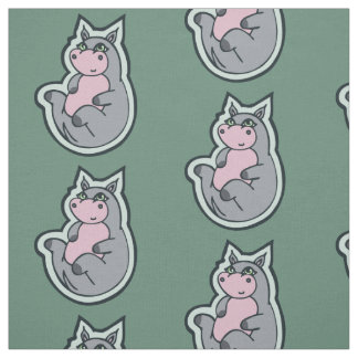 Happy Young Grey Hippo Teal Drawing Design Fabric