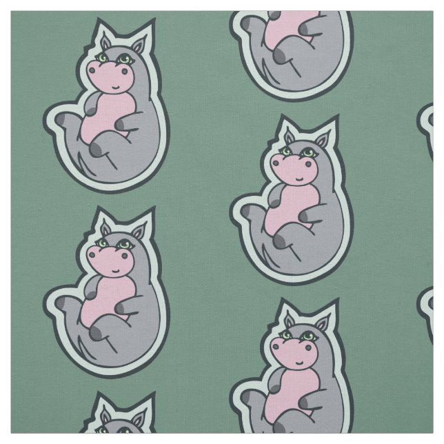 Happy Young Grey Hippo Teal Drawing Design Fabric (Swatch)