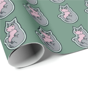 Happy Young Grey Hippo Teal Drawing Design Wrapping Paper