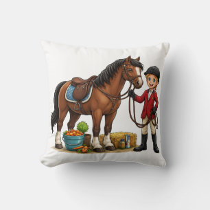 Happy Young Rider With Beautiful Horse Cartoon T-S Cushion