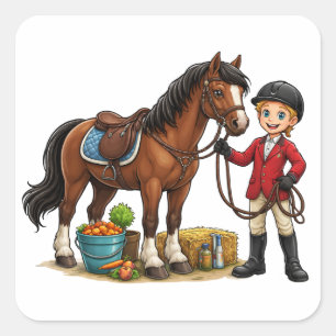 Happy Young Rider With Beautiful Horse Cartoon T-S Square Sticker