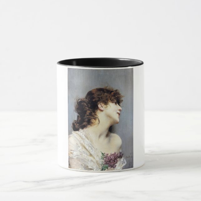 Happy Young Woman (by Giovanni Boldini) Mug (Center)