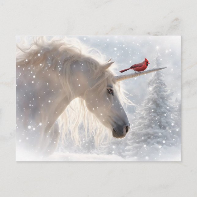 Happy Yule Unicorn and Cardinal  Holiday Postcard (Front)