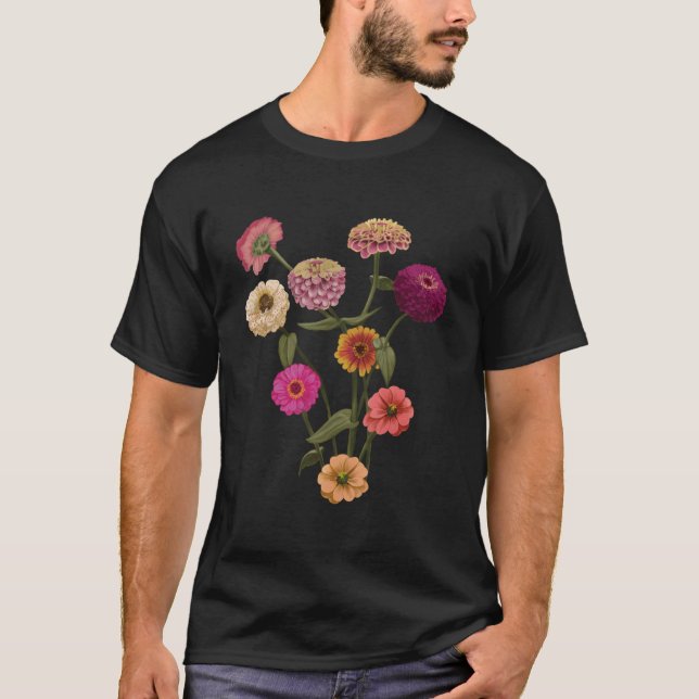 Happy Zinnia Wildflowers Handpainted Style T-Shirt (Front)