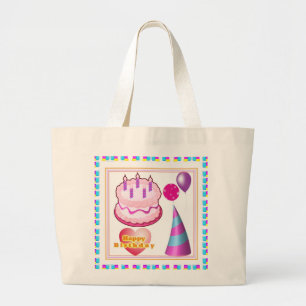 HappyBIRTHDAY Cake Balloon n Text Large Tote Bag