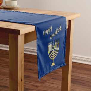 Hapy Hanukkah Menorah Blue Short Table Runner