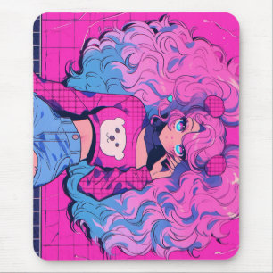 Harajuku Neon Kawaii Girl with Twin Ponytails Mouse Pad