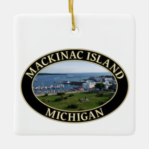 Harbor and Downtown at Mackinac Island, Michigan Ceramic Ornament