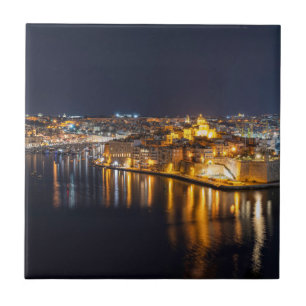 Harbor in Malta illuminated at night Ceramic Tile