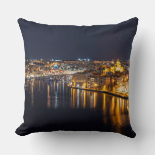 Harbor in Malta illuminated at night Cushion