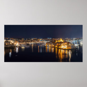 Harbor in Malta illuminated at night Poster