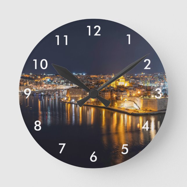 Harbor in Malta illuminated at night Round Clock (Front)