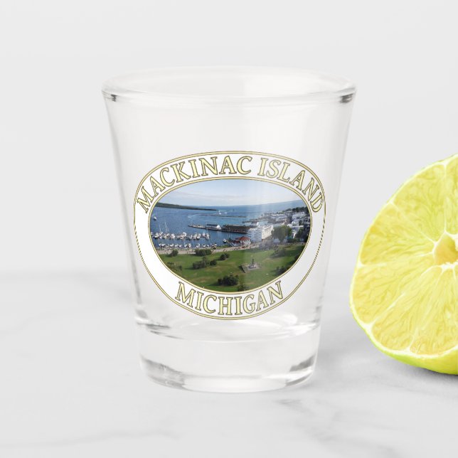 Harbour and Downtown at Mackinac Island, Michigan Shot Glass (Front)