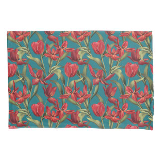 Harbour Blue background with Red Tulips Pillowcase