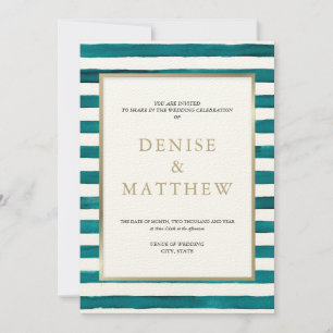 Harbour Blue Watercolor Stripe & Gold Lettering Invitation