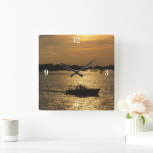 Harbour Boat Scene Late Evening Sun Behind Clouds Square Wall Clock