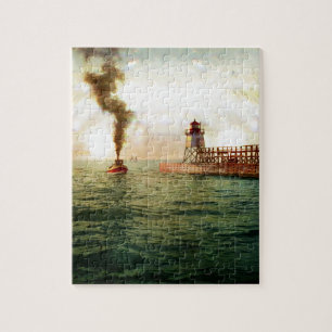 Harbour entrance, Charlevoix, Michigan circa 1900 Jigsaw Puzzle