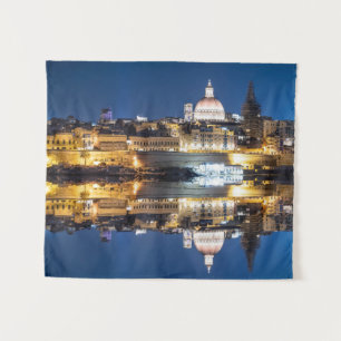 Harbour of Valletta old town at night Tapestry