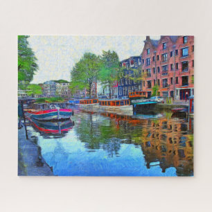 Harbour on the canal in Amsterdam. Jigsaw Puzzle