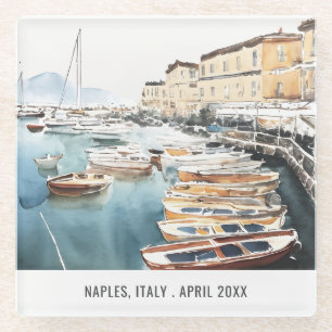 Harbour Santa Lucia Naples Italy Watercolor Travel Glass Coaster