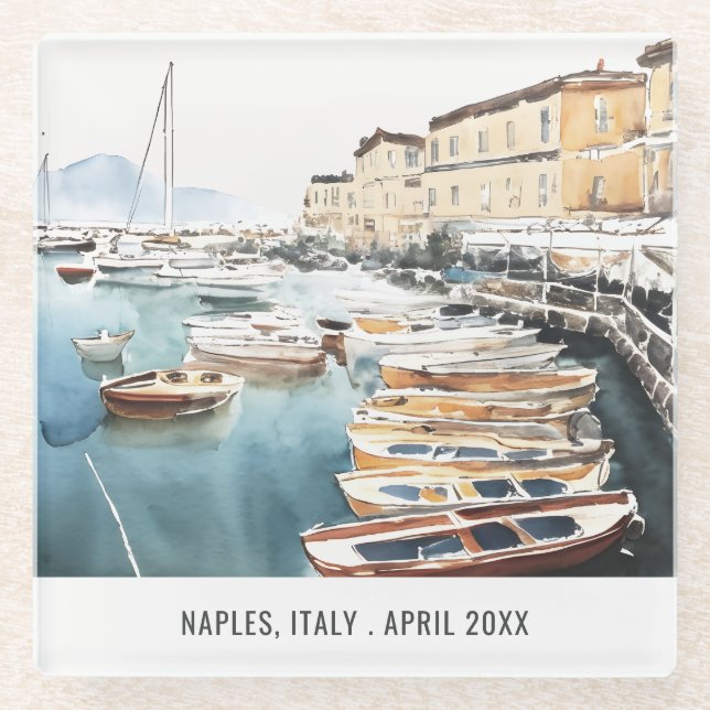Harbour Santa Lucia Naples Italy Watercolor Travel Glass Coaster (Front)