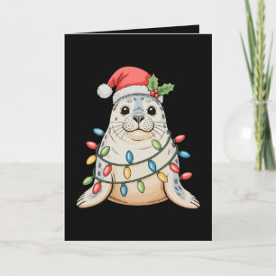 Harbour Seal Christmas Lights Xmas Santa Hat Card