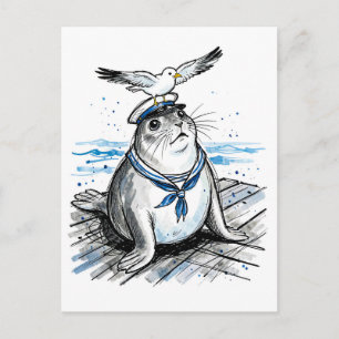 Harbour Seal with Seagull in Marine Ink Illustrati Postcard
