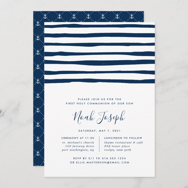 Harbour Stripe First Holy Communion Invitation (Front/Back)